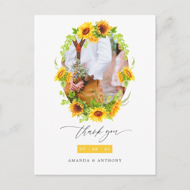 Watercolor Boho Sunflowers Wedding Foto Vielen Dan Postkarte (Vorderseite)