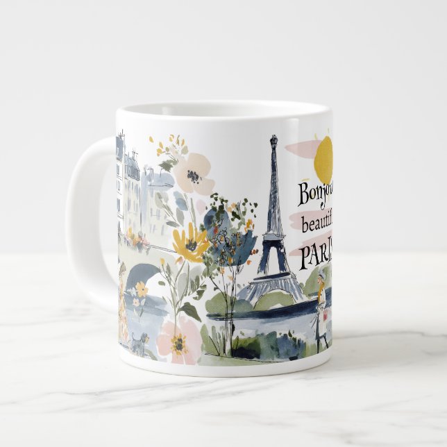 Watercolor Bonjour Beautiful Paris Jumbo-Tasse (Vorderseite Links)