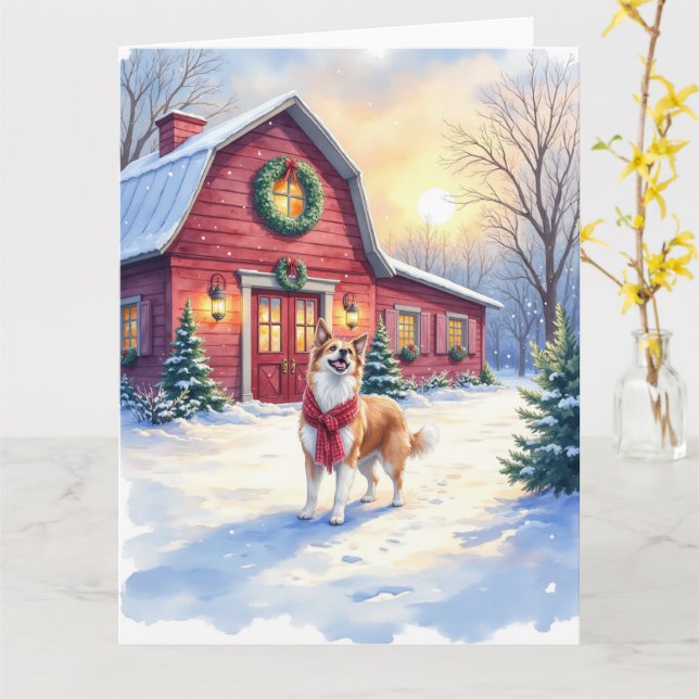 Watercolor Border Collie Country Barn Christmas Karte (Gelbe Blume)