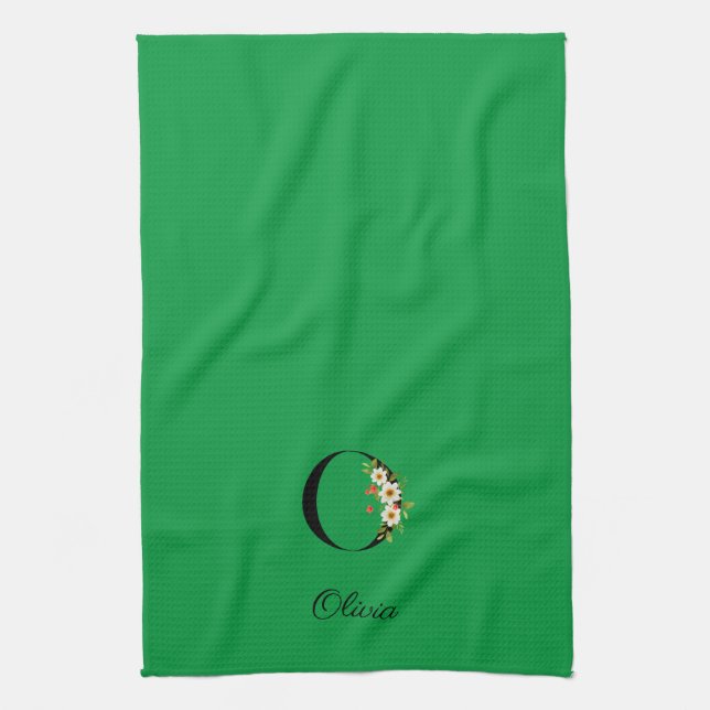 Watercolor botanical green initial monogram geschirrtuch (Vertikal)