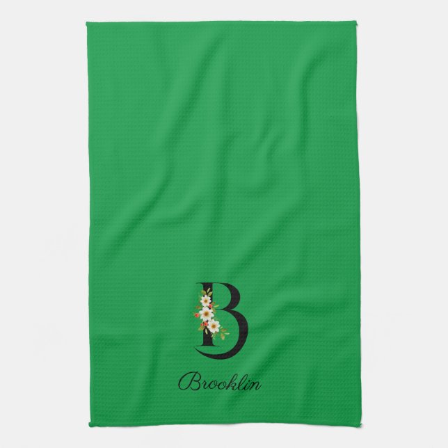 Watercolor botanical green initial monogram geschirrtuch (Vertikal)