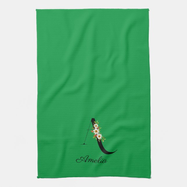 Watercolor botanical green initial monogram geschirrtuch (Vertikal)