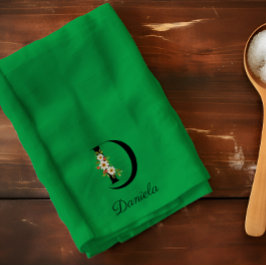 Watercolor botanical green initial monogram geschirrtuch
