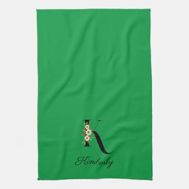 Watercolor botanical green initial monogram geschirrtuch (Vertikal)