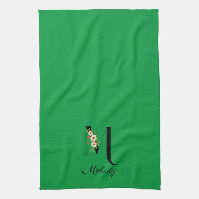 Watercolor botanical green initial monogram geschirrtuch (Vertikal)