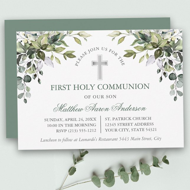 Watercolor Botanical Greenery Sage Green Communion Einladung (Customize to change text color, text style or color of back of card.)