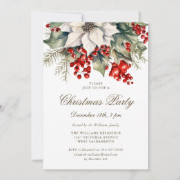 Watercolor Botanical Holly Berries Christmas Party Einladung