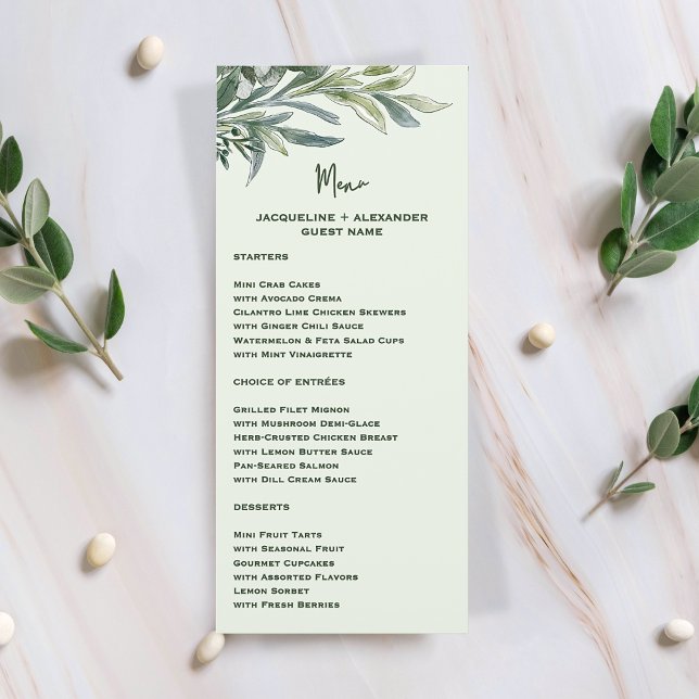 Watercolor Botanical Wedding Menu with Guest Name (Créateur téléchargé)