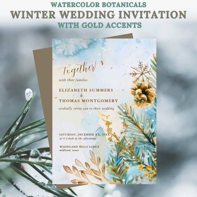Watercolor Botanicals Winter Wedding Gold Accents Einladung (Watercolor Botanicals Winter Wedding Invitation with Gold Accents)
