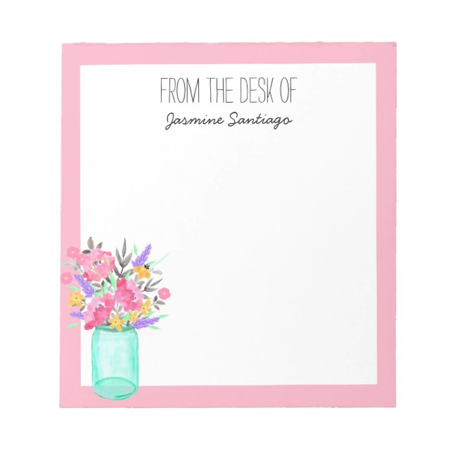 Watercolor Bouquet Mason Jar Flowers Personalized  Notizblock (Vorderseite)