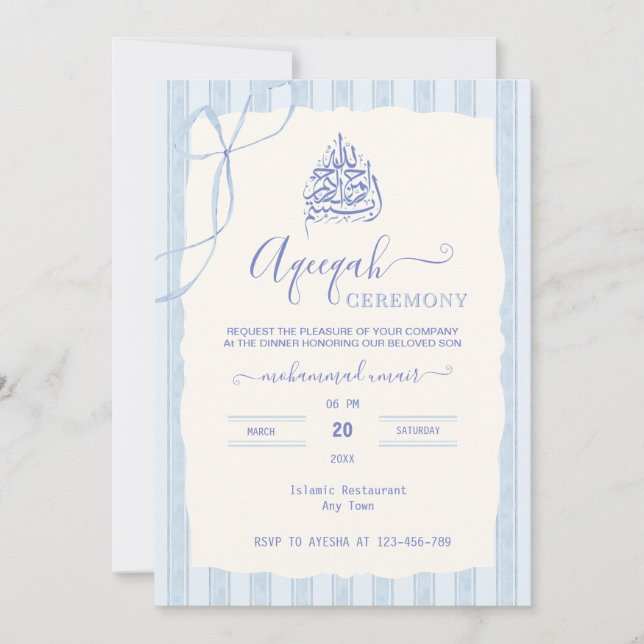 Watercolor Bow  Blue stripes Islamic Aqiqa Aqeeqa  Einladung (Vorderseite)