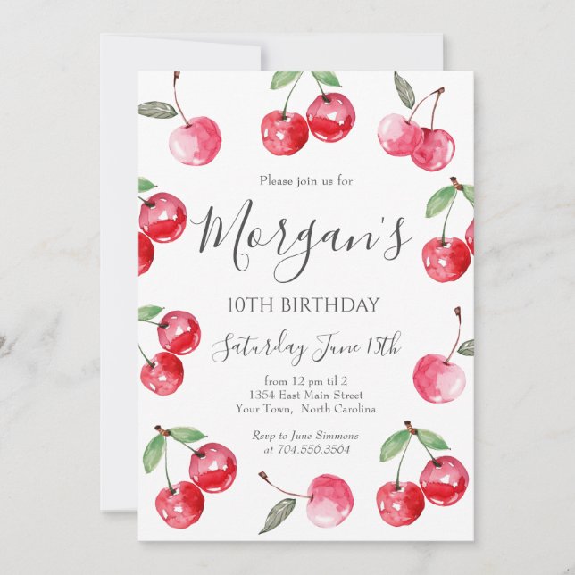Watercolor Bow Cherry Invitation Anniversaire (Devant)