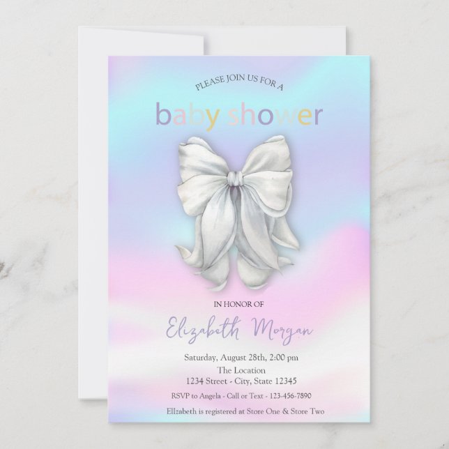 Watercolor Bow Holographic Baby Dusche Einladung (Vorderseite)