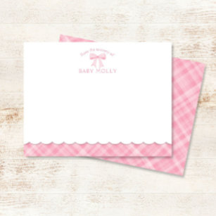 Watercolor Bow Preppy Pink Kariert Baby Note Card Mitteilungskarte