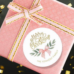 Watercolor Bow Script Gold Frohe Weihnachten Runder Aufkleber