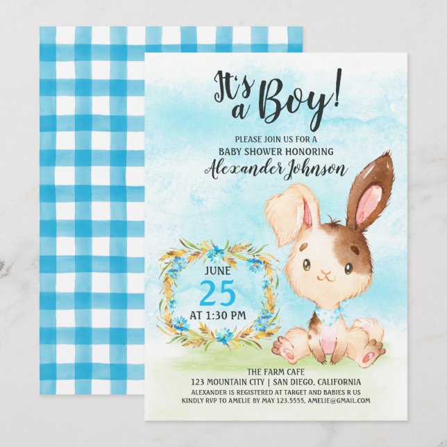 Watercolor Boy Bunny Baby shower ferme Invitation (Devant / Derrière)