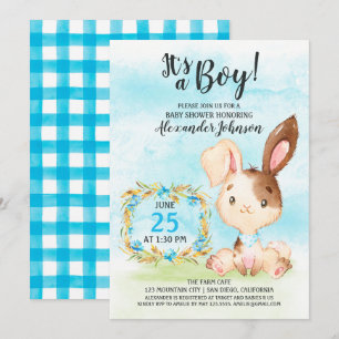 Watercolor Boy Bunny Baby shower ferme Invitation