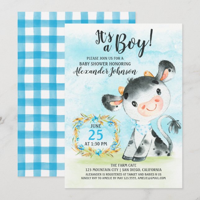 Watercolor Boy Cow Baby shower Farm Invitation (Devant / Derrière)
