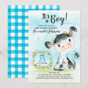 Watercolor Boy Cow Baby shower Farm Invitation