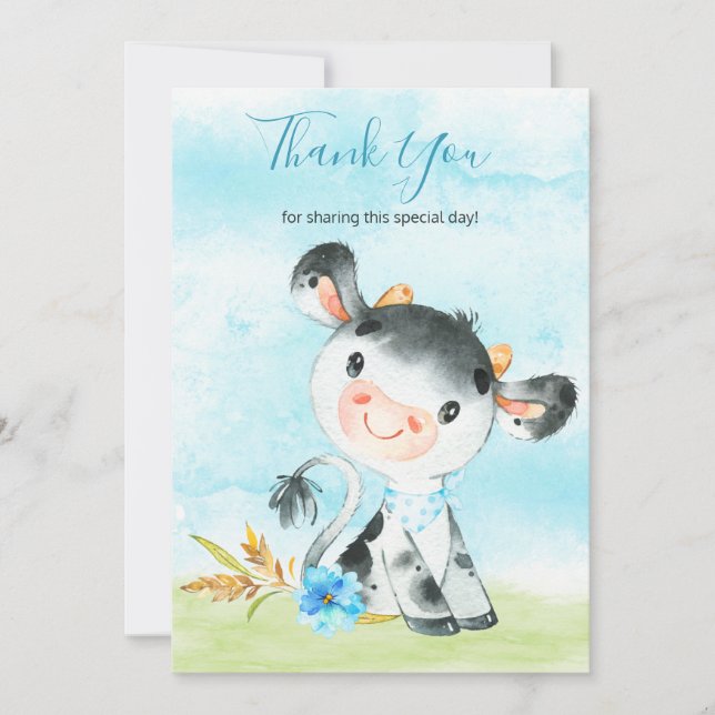 Watercolor Boy Cow Farm Vielen Dank Dankeskarte (Vorderseite)
