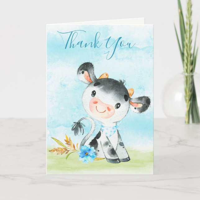 Watercolor Boy Cow Farm Vielen Dank Karte (Vorderseite)
