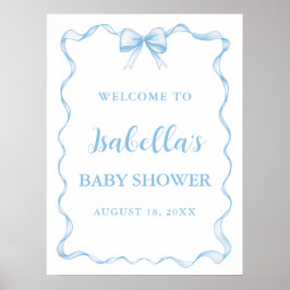 Watercolor Boy Ribbon Dusty Blue Bow Baby Dusche Poster