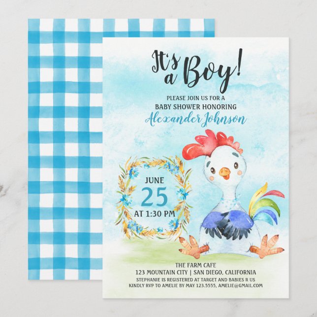 Watercolor Boy Rooster Kinderdusche Farm Einladung (Vorne/Hinten)