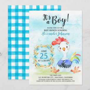 Watercolor Boy Rooster Kinderdusche Farm Einladung