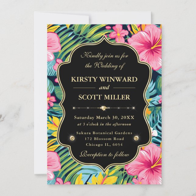 Watercolor Bright Tropical Preppy Flowers Wedding Einladung (Vorderseite)