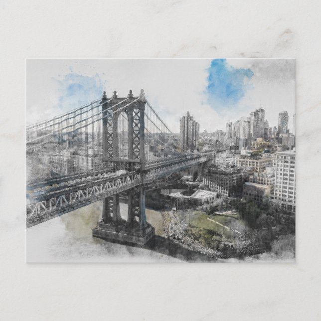 Watercolor Brooklyn Bridge Postcard - New York Postkarte (Vorderseite)