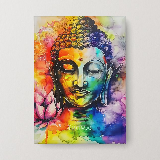 Watercolor Buddha Rainbow Personalized Name  Button (Vorderseite)
