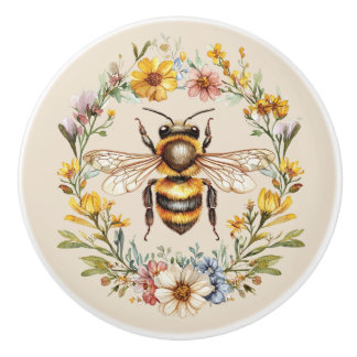 Watercolor Bumblebee Floral Wreath Charm Ceramic  Keramikknauf