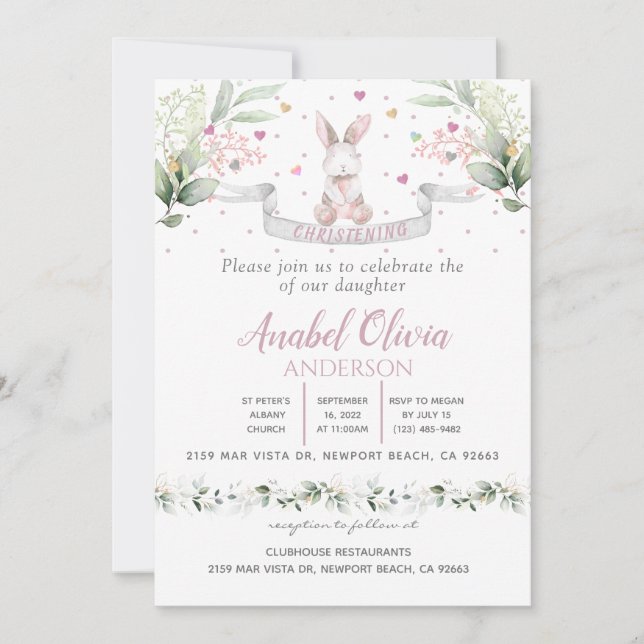 Watercolor Bunny Baby Girl Taufe Einladung (Vorderseite)