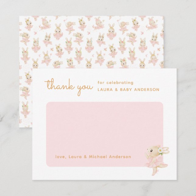 Watercolor Bunny Ballerina Babydusche Dankeskarte (Vorne/Hinten)
