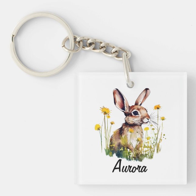 Watercolor Bunny Dandelsplatz Schlüsselkette Schlüsselanhänger (Vorderseite)