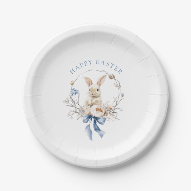 Watercolor Bunny Flowers Blue Bow Spring Easter Pappteller (Vorderseite)