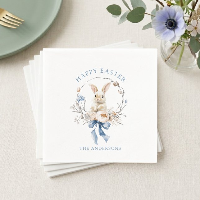 Watercolor Bunny Flowers Blue Bow Spring Easter Serviette (Von Creator hochgeladen)