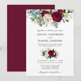 Watercolor Burgund Blumengrün Hochzeit Einladung