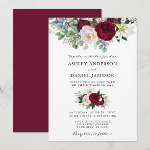 Watercolor Burgund Blumengrün Hochzeit Einladung