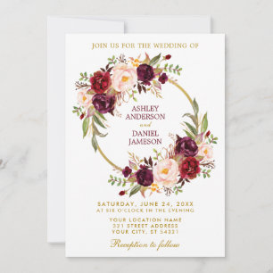 Watercolor Burgund Blumenreath Gold Wedding Einladung