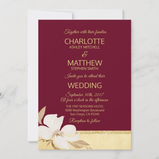 Watercolor Burgund Gold Hochzeit Einladung (Vorderseite)