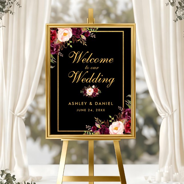 Watercolor Burgundy Black Gold Wedding Willkommen Poster (Customize to change text size, text style or background color.)
