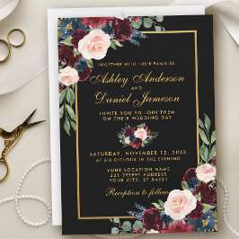 Watercolor Burgundy Blue Floral Black Gold Wedding Einladung