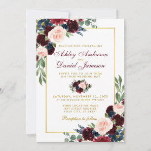 Watercolor Burgundy Blue Floral Gold Wedding W Einladung