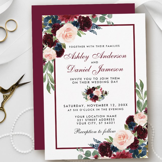 Watercolor Burgundy Blue Floral Wedding B Einladung (Customize to change text color, style, add text & photos to back or change color of back of card.)
