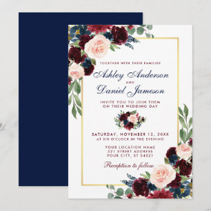 Watercolor Burgundy Blue Floral Wedding Gold Einladung