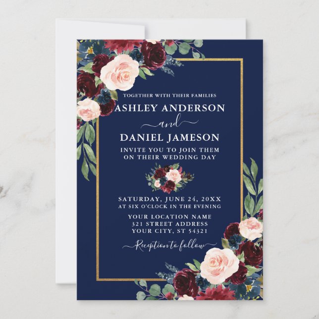 Watercolor Burgundy Blue Floral Wedding Gold Frame Einladung (Vorderseite)