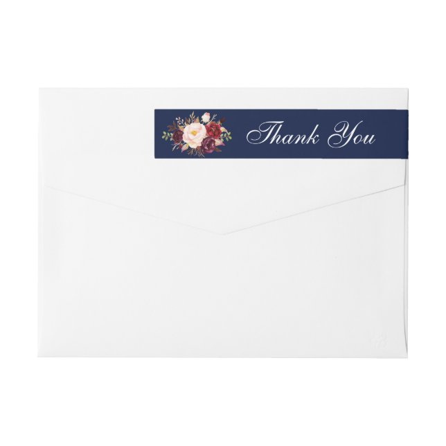 Watercolor Burgundy Blue Floral Wedding Vielen Dan (Rückseite)
