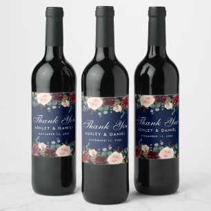 Watercolor Burgundy Blue Floral Wedding Weinetikett