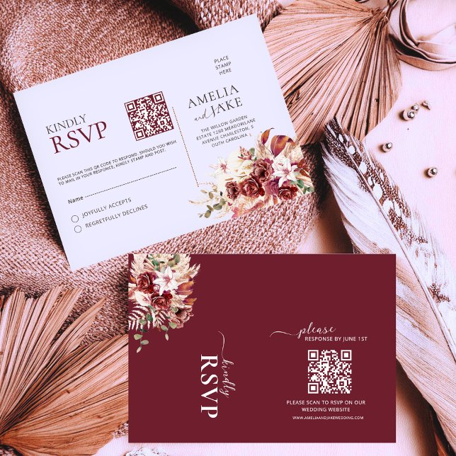 Watercolor Burgundy Blush Gold QR Wedding RSVP (Créateur téléchargé)